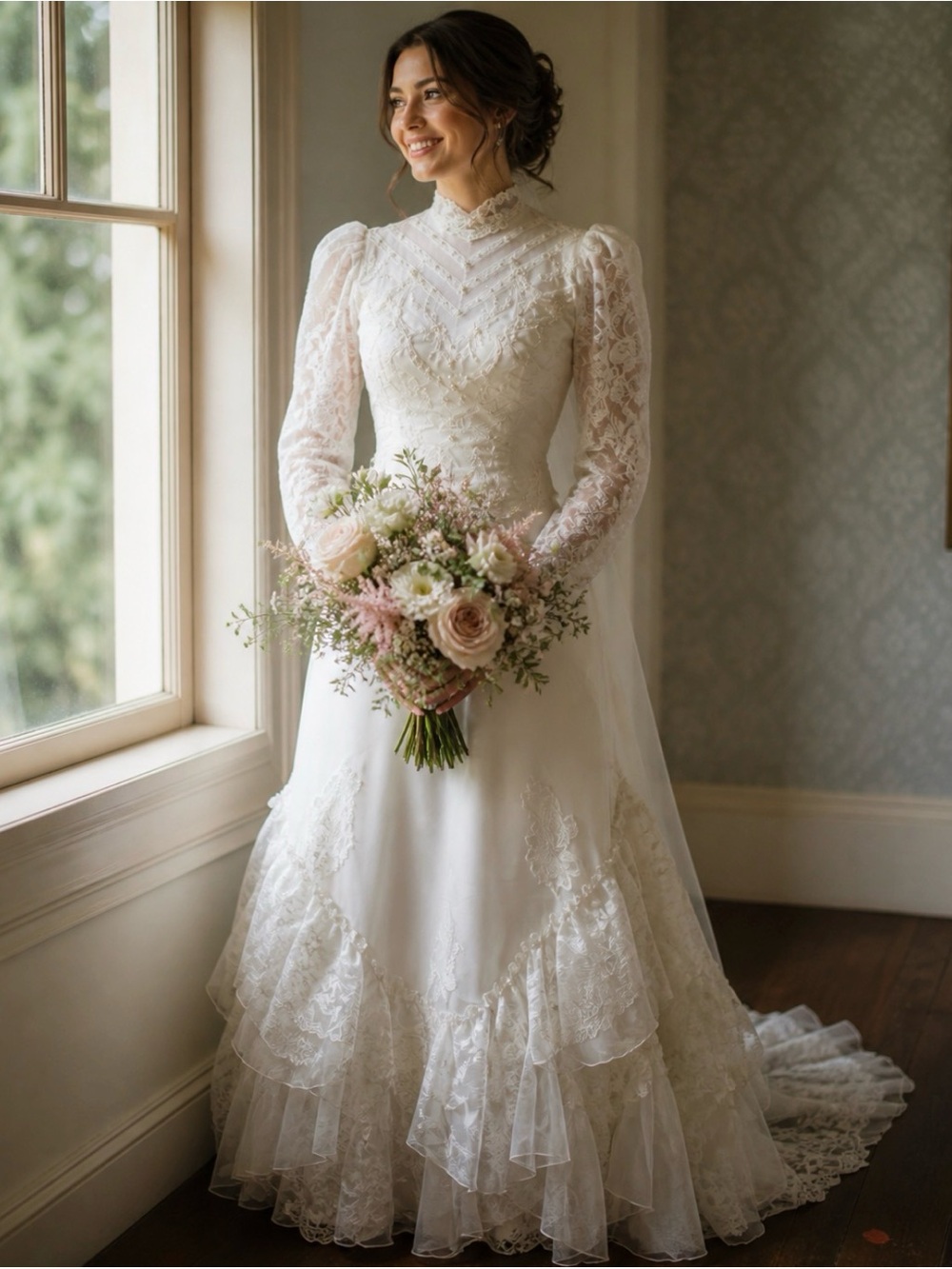 Vintage Ivory Lace Ruffled Bridal Gown